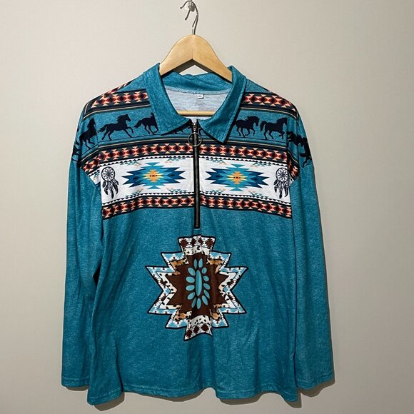 Southwestern Aztec Inspired Long Sleeve 1/4 Zip top 1X - Picture 3 of 8